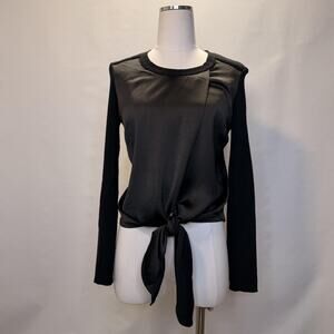 Cabi Sweater Womens XS Black Mixed Media Tie Front Crewneck Pullover Top